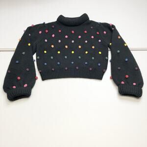 FARM Rio Rainbow Pom Pom Chunky Knit Black Balloon Sleeves Sweater size Small